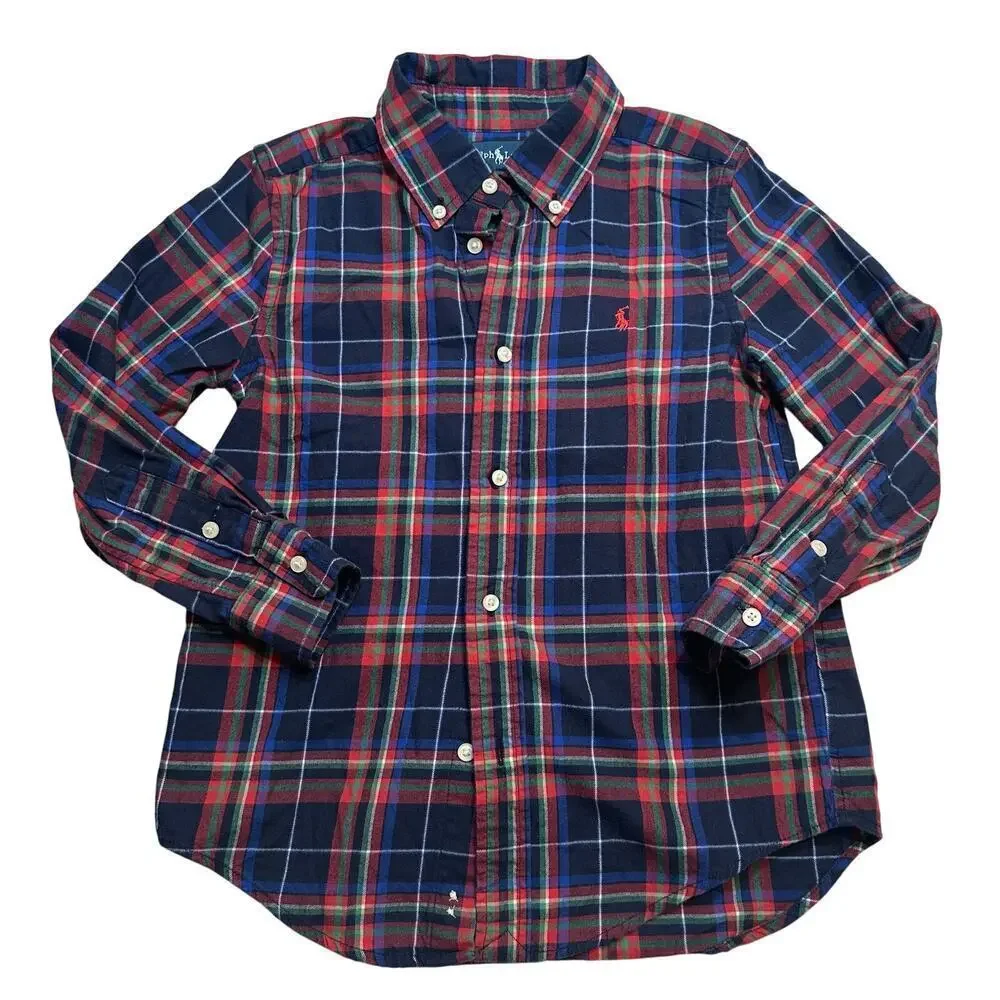 Ralph Lauren Blue Plaid Oxford Shirt sz 6 Button Down Shirt navy tartan plaid
